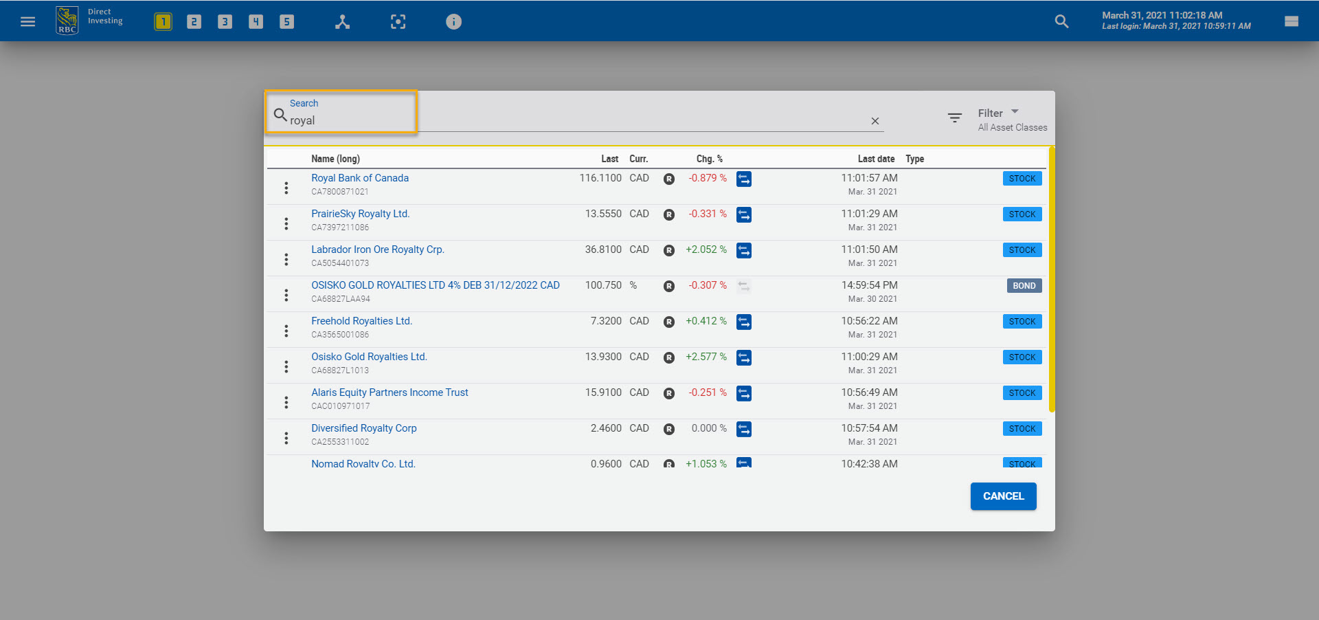 Searching with a company name in the Quote widget. 